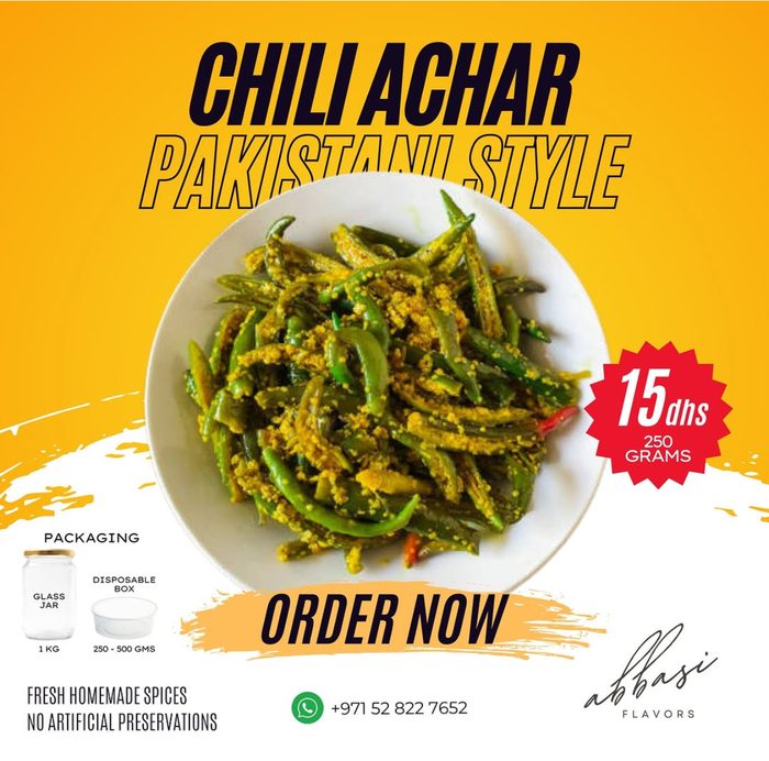 Abbasi Flavors poster: Chili Achar, Pakistani style, 15 dirhams for 250 grams