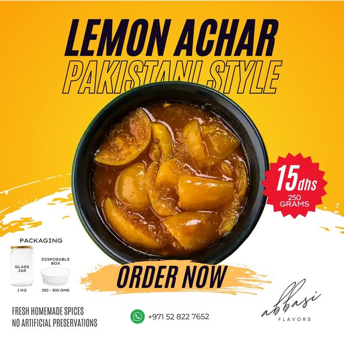 Abbasi Flavors poster: Lemon Achar, Pakistani style, 15 dirhams for 250 grams