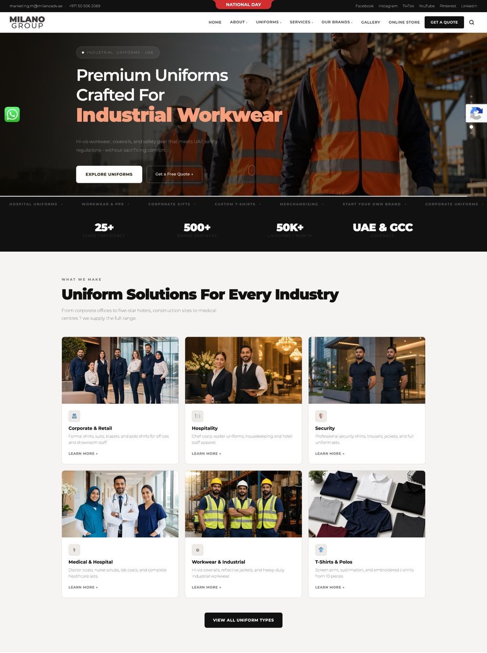 Milano Group homepage after the rebuild: industry-led hero, quote button and industry cards