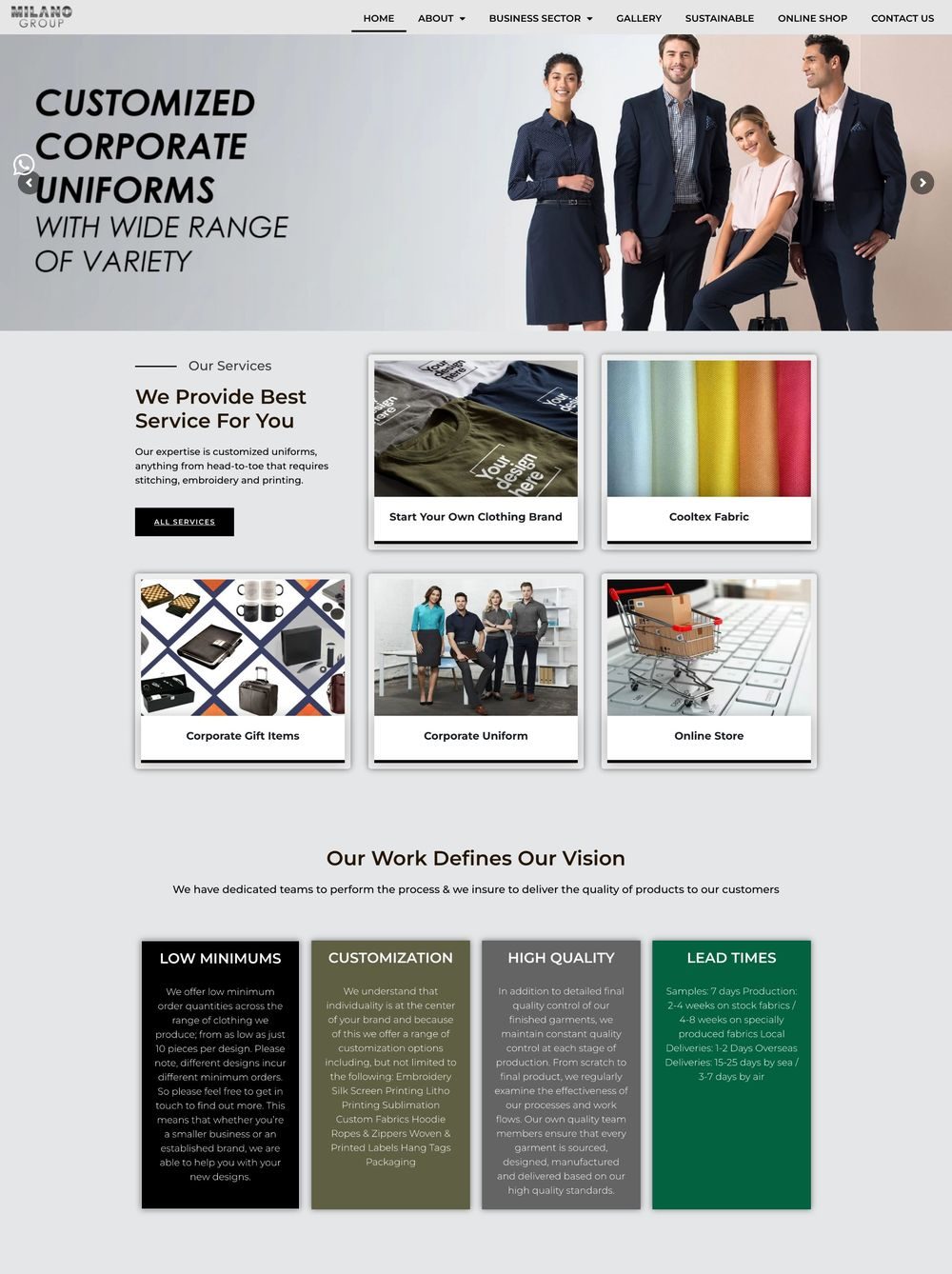 Milano Group homepage before the rebuild: a slider banner, grey service cards and long text blocks