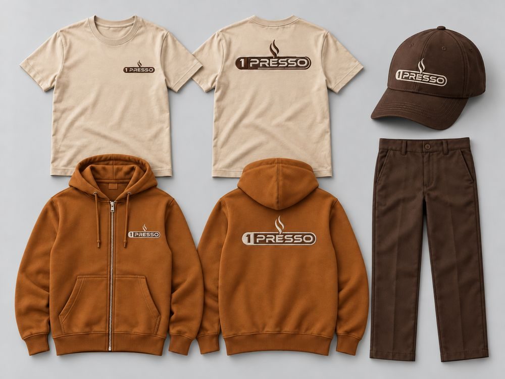 1PRESSO uniform set: beige T-shirt front and back, brown cap, rust hoodie front and back, brown trousers