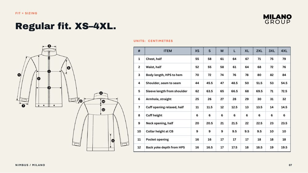 Nimbus slide: fit and size chart from XS to 4XL
